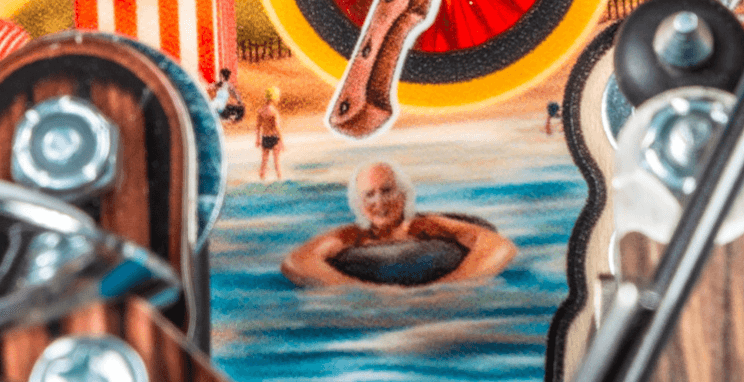 Older person floating in inner tube at colorful retro swimming pool