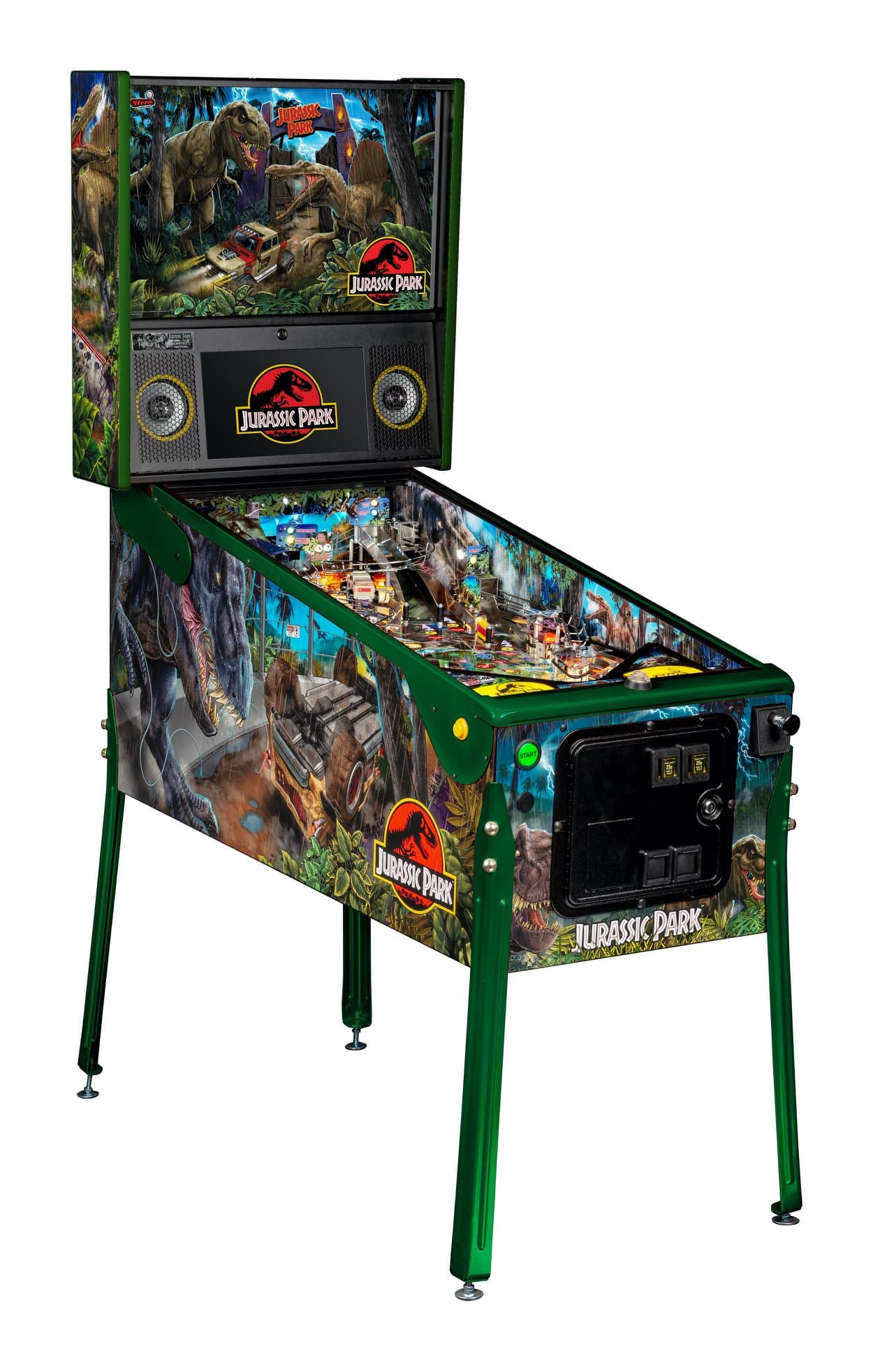 Jurassic Park themed pinball machine with dinosaurs and lush jungle backdrop