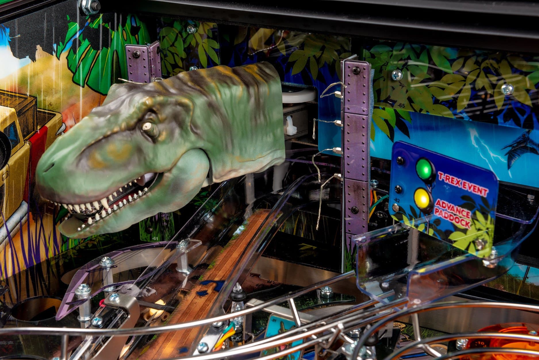 Jurassic Park pinball machine with detailed T-Rex head and colorful game elements