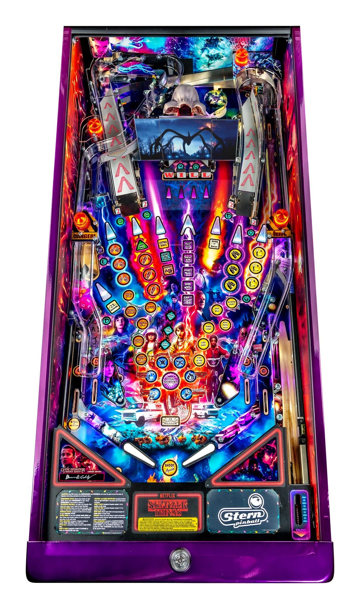 Stranger Things pinball machine with colorful playfield and supernatural elements