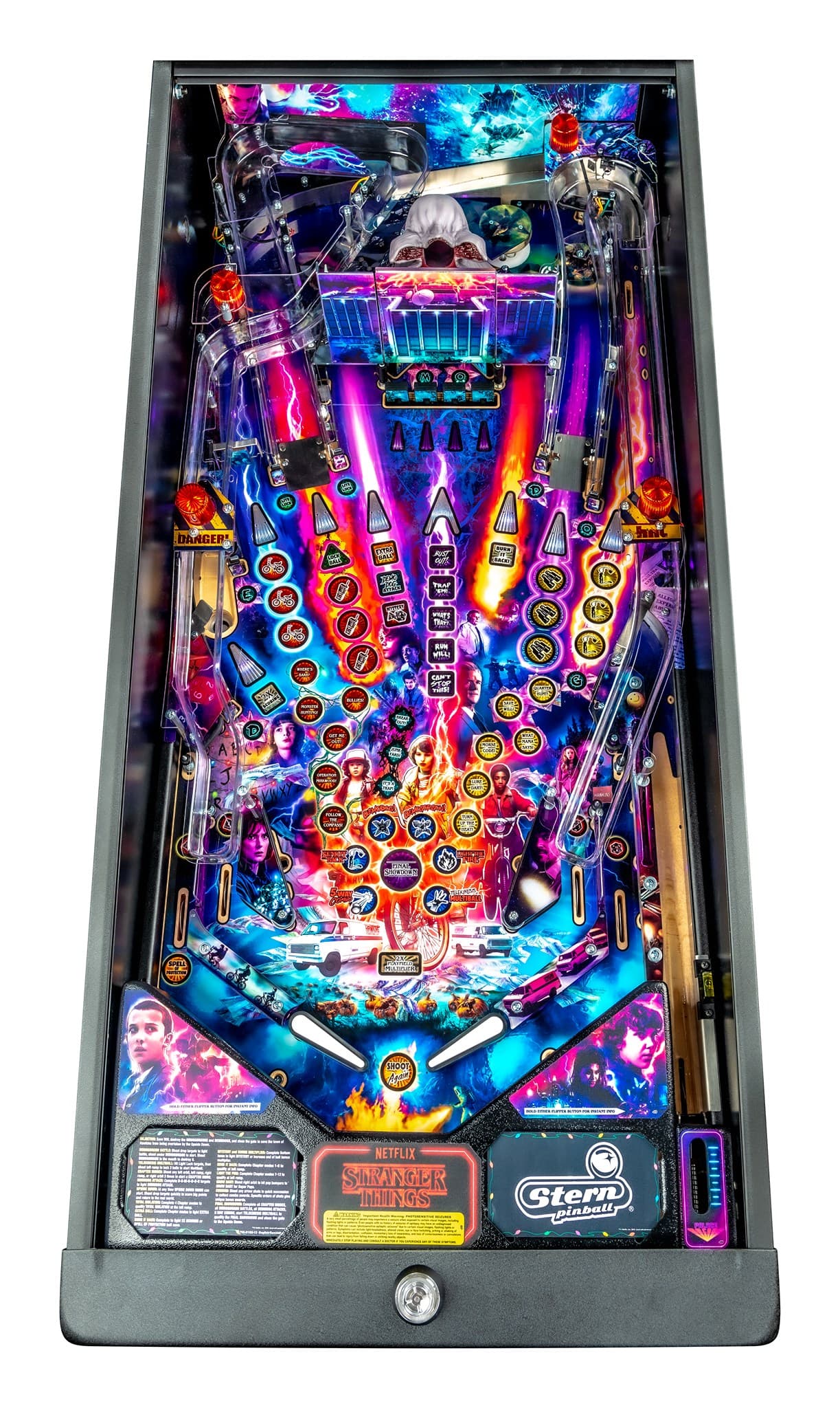 Stranger Things pinball machine with colorful playfield and supernatural design