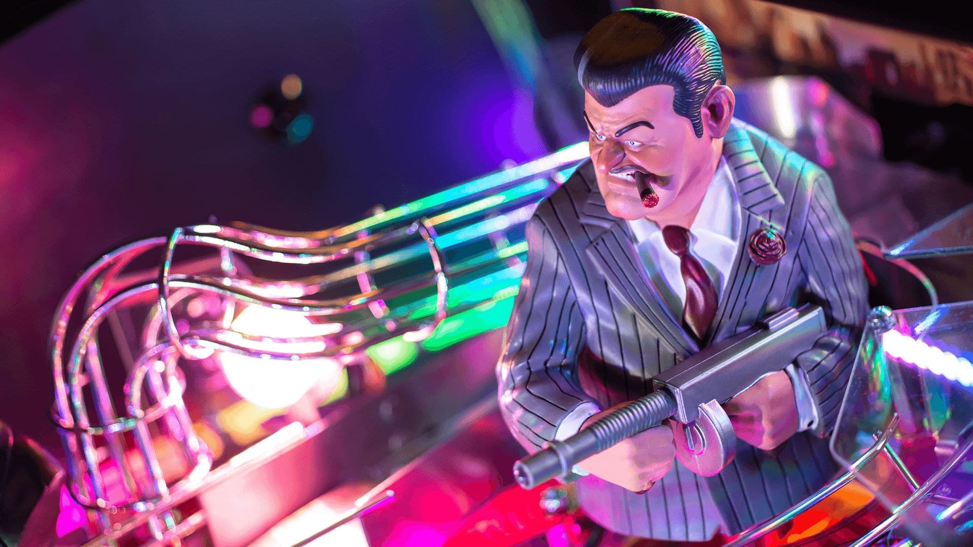 Cartoon gangster figure with gun in colorful neon-lit scene