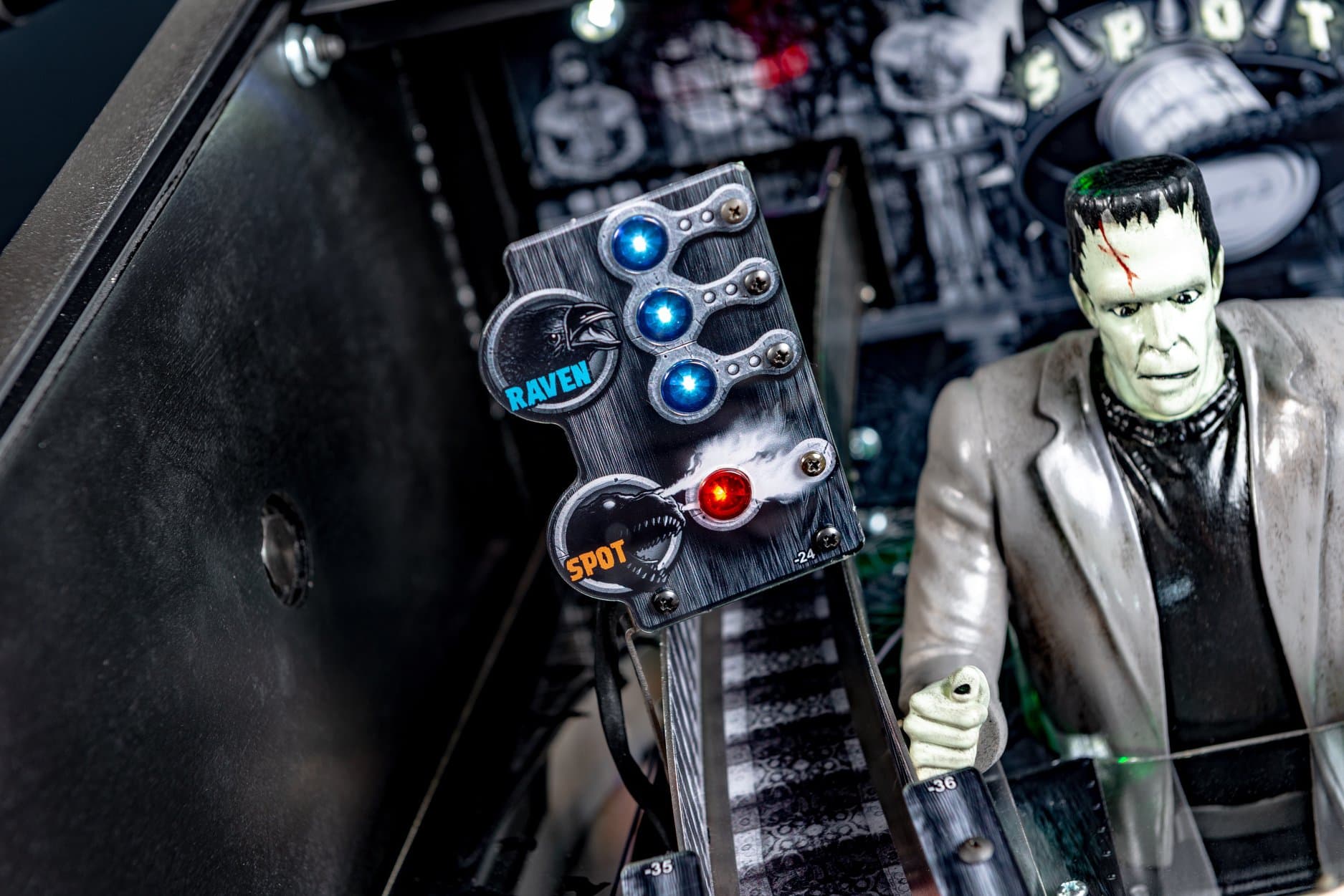 Raven and Spot robot controllers with Frankenstein figure in background