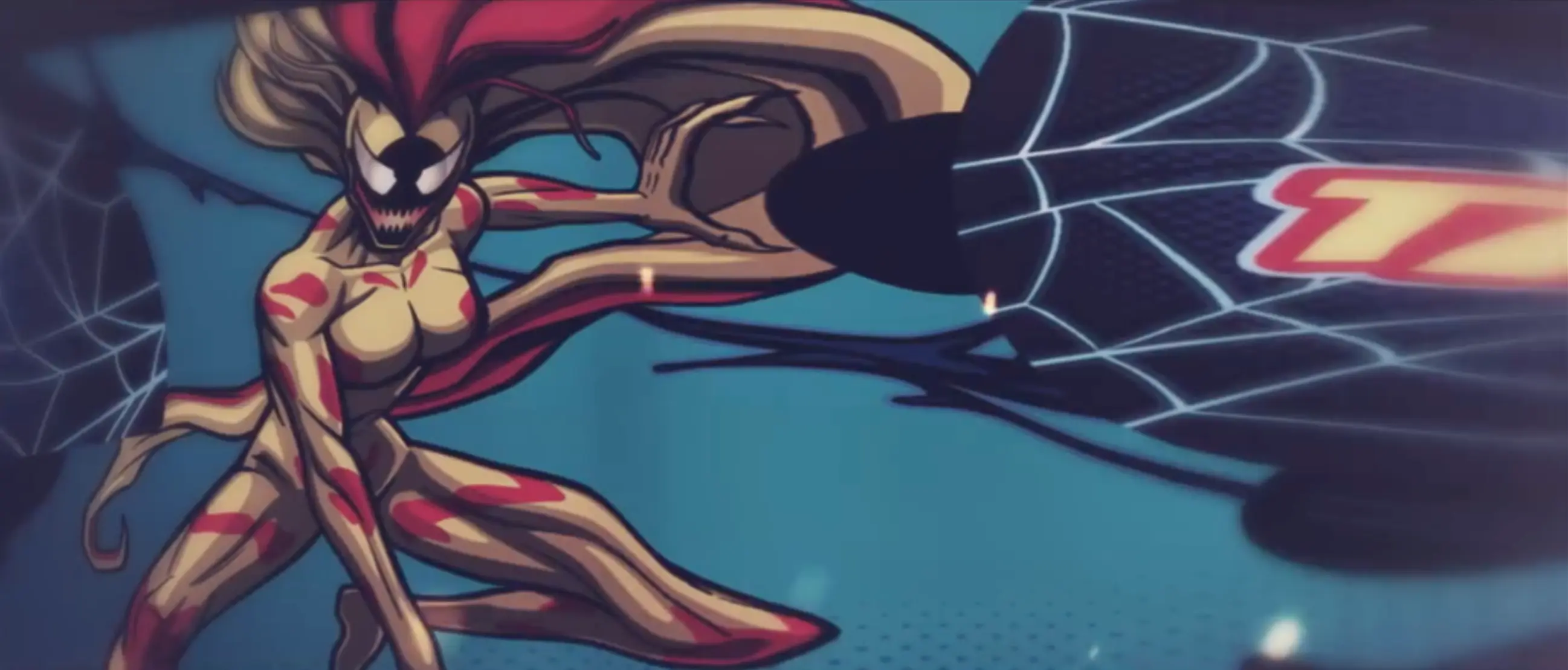 Spider-themed superhero in dynamic pose against web background