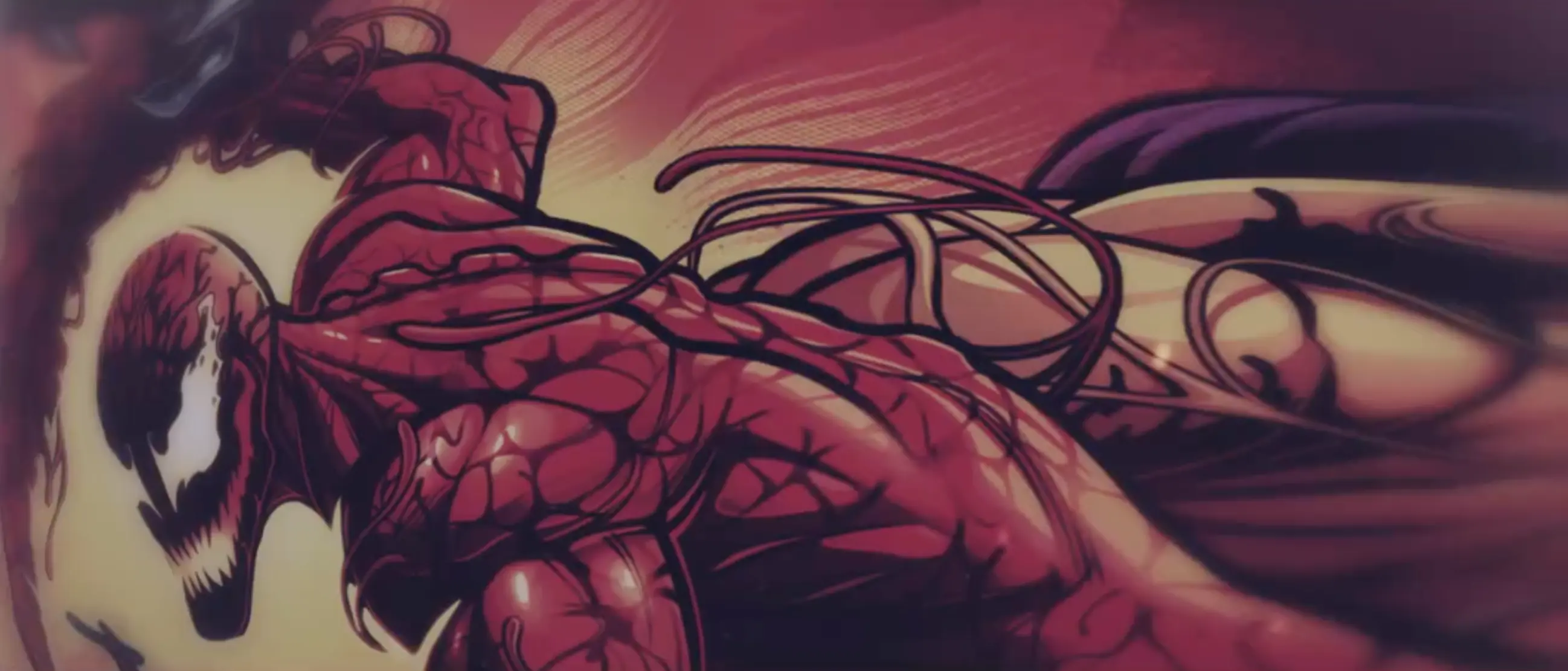 Carnage, red symbiote villain, twisted and writhing in dramatic pose