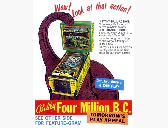 Four Million B.C. pinball flyer, Bally Manufacturing Corporation, 1971