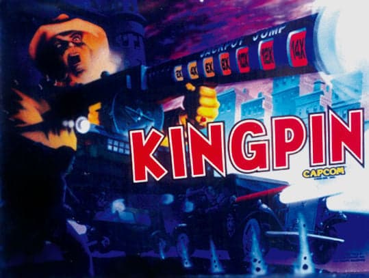 KingPin backglass artwork, a gangster firing a tommy gun beside a jackpot ramp, Capcom Coin-Op, Incorporated, 1996