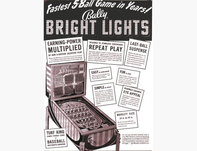 Bright Lights pinball flyer, Bally Manufacturing Corporation, 1951