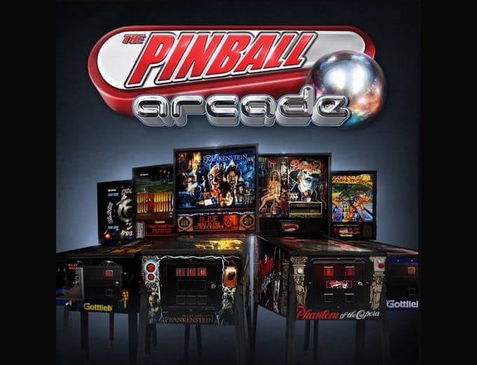 The Pinball Arcade promotional artwork, a row of classic machines beneath the game's logo, FarSight Studios, 2012