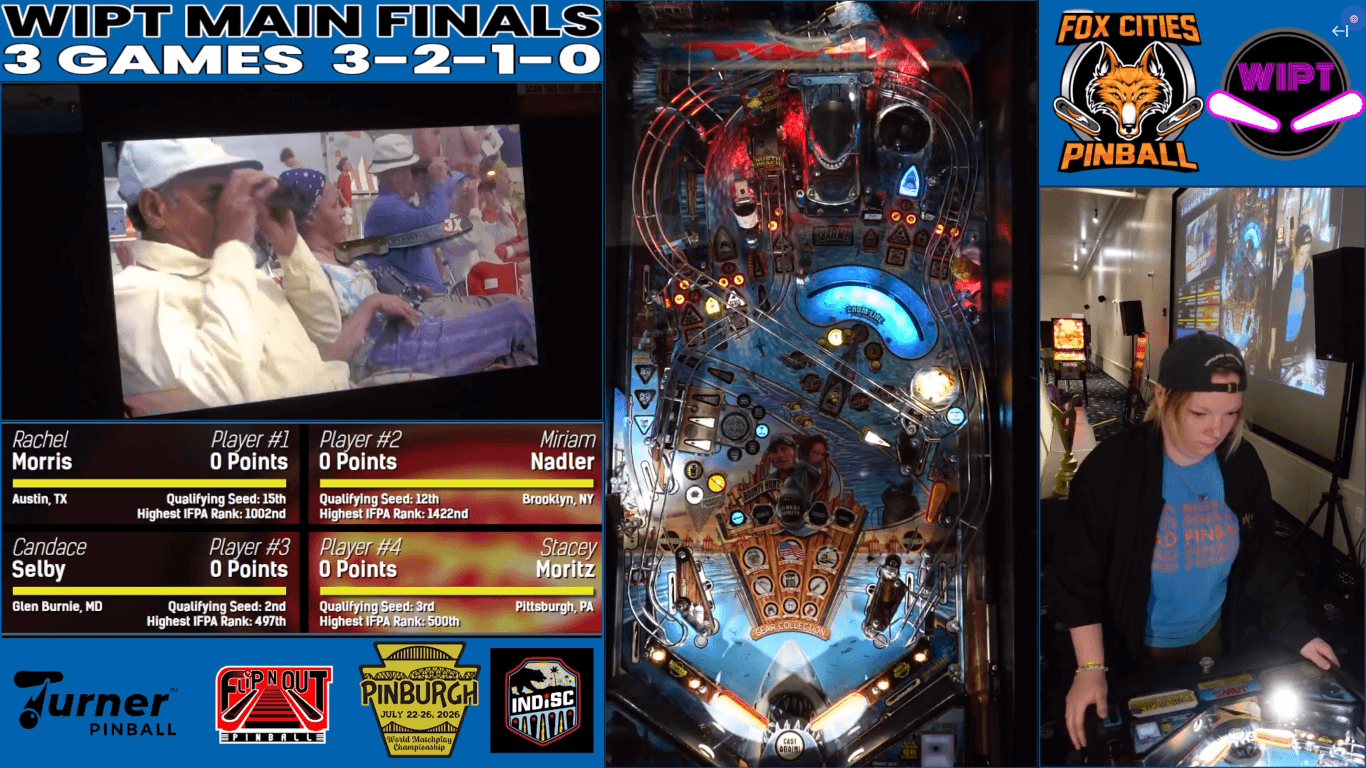 Stacey Moritz playing Jaws in the WIPT 2026 grand finals, under a broadcast banner reading WIPT Main Finals, 3 games, 3-2-1-0