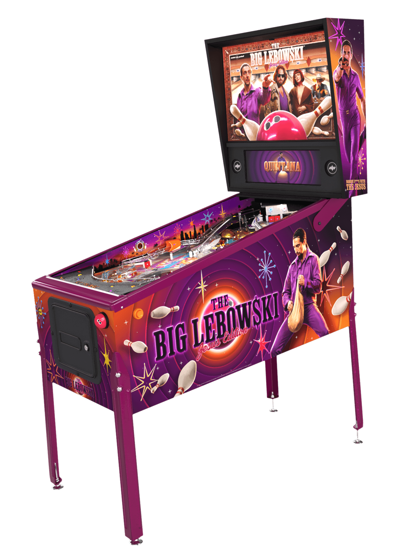 The Big Lebowski Jesus Edition pinball machine, showing the new purple and orange cabinet art with Jesus Quintana on the side, the new backglass, and the playfield