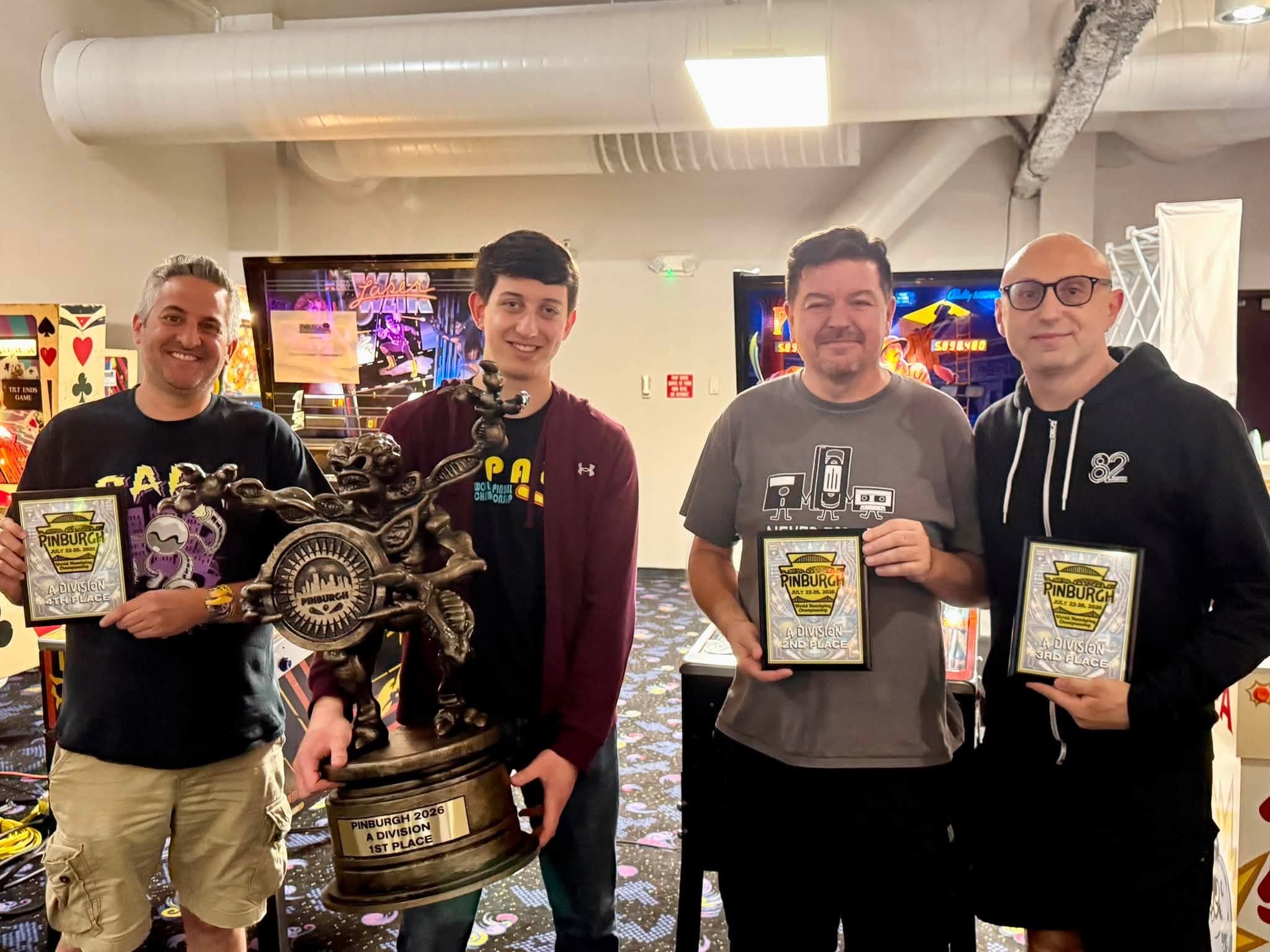 The four finalists of the Pinburgh 2026 A Division standing together at Rezzanine Esports
