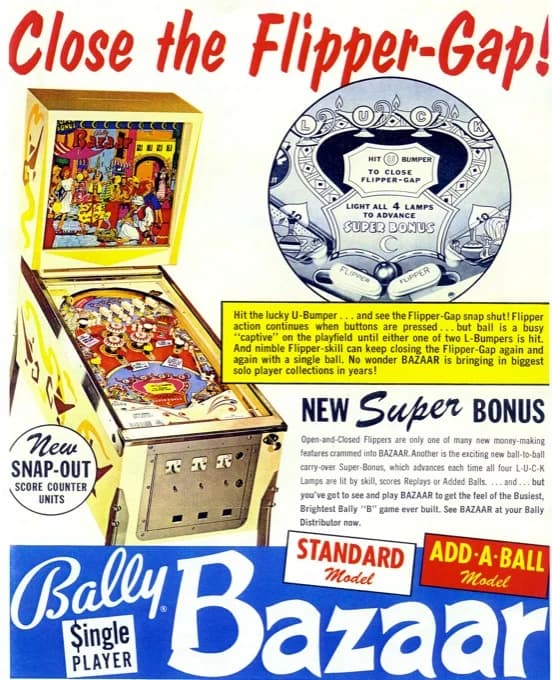 A colour Bally Bazaar flyer headlined 'Close the Flipper-Gap!', showing the cabinet beside a diagram of the U-bumper that snaps the flippers shut