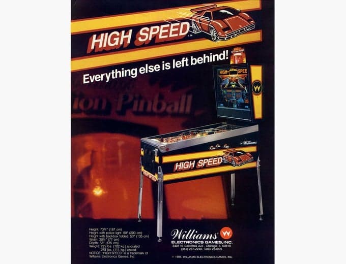 High Speed pinball flyer, Williams Electronics Games, Incorporated, 1986