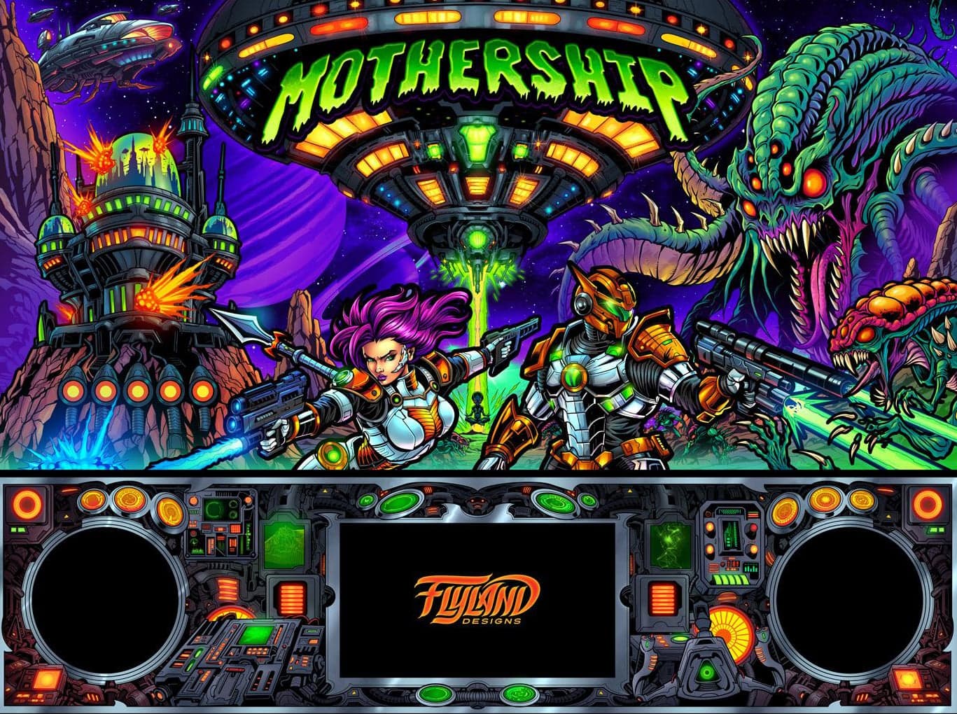 Mothership cabinet and backglass artwork, two armoured figures firing at a tentacled creature beneath a flying saucer, homebrew project, 2025