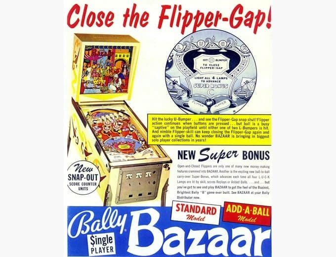 Bazaar pinball flyer, Bally Manufacturing Corporation, 1966