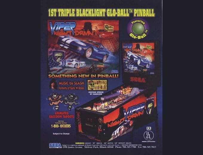 Viper Night Drivin' pinball flyer, Sega Pinball, Incorporated, 1998