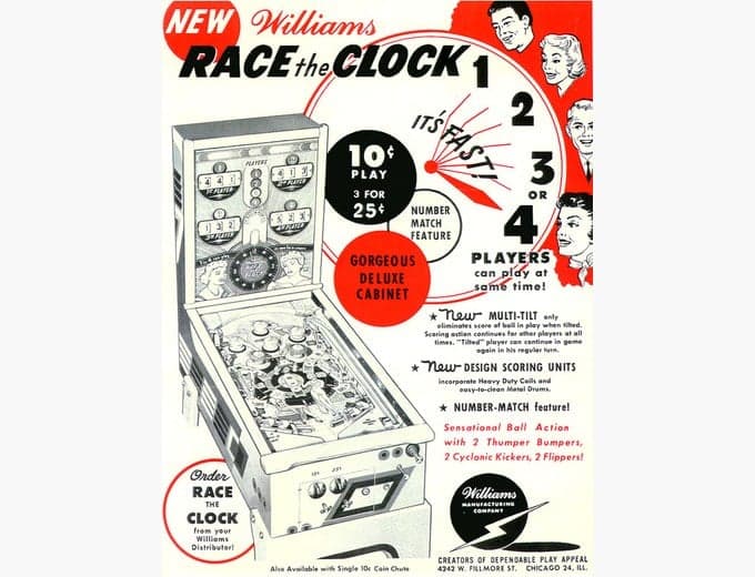 Race the Clock pinball flyer, Williams Manufacturing Company, 1955