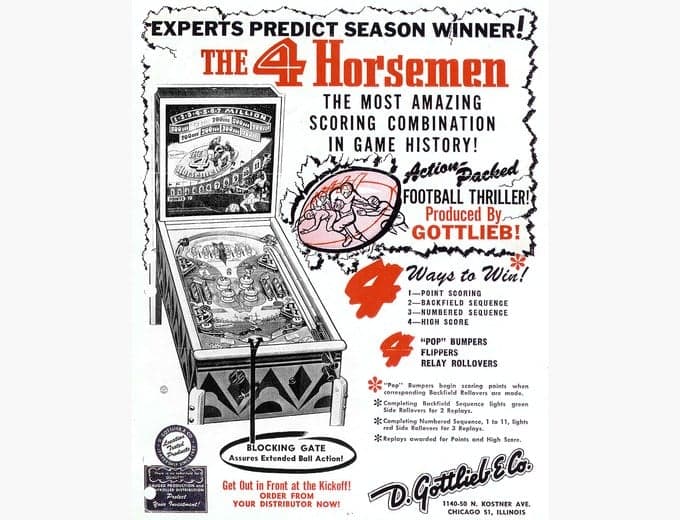 The 4 Horsemen pinball flyer, D. Gottlieb & Company, 1950
