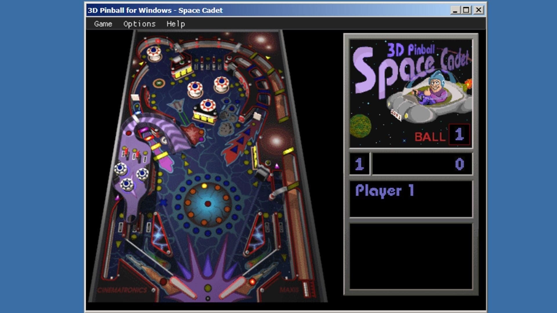 3D Pinball for Windows - Space Cadet running in a Windows window, its blue-and-purple playfield on screen, Maxis, 1995