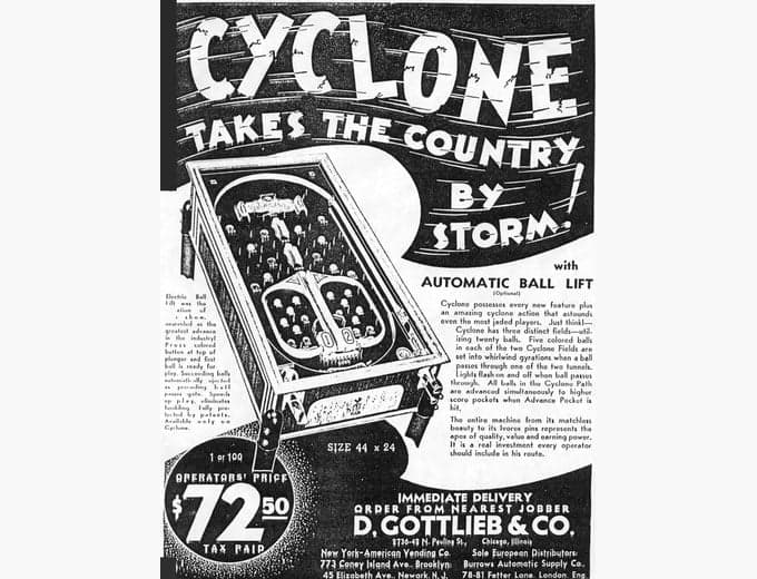 Cyclone pinball flyer, D. Gottlieb & Company, 1935