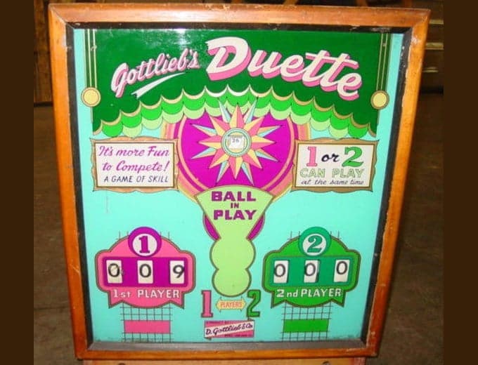 Duette backglass in its wooden frame, showing the two players' score reels, D. Gottlieb & Company, 1955