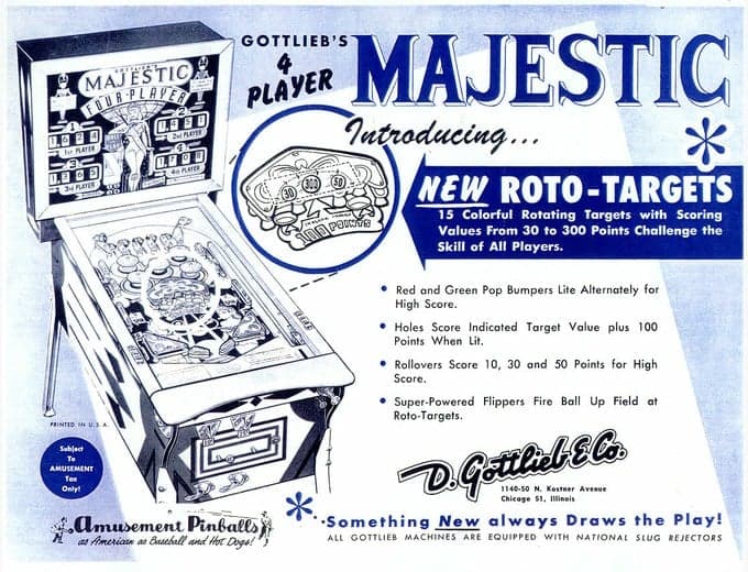 Majestic pinball flyer, D. Gottlieb & Company, 1957