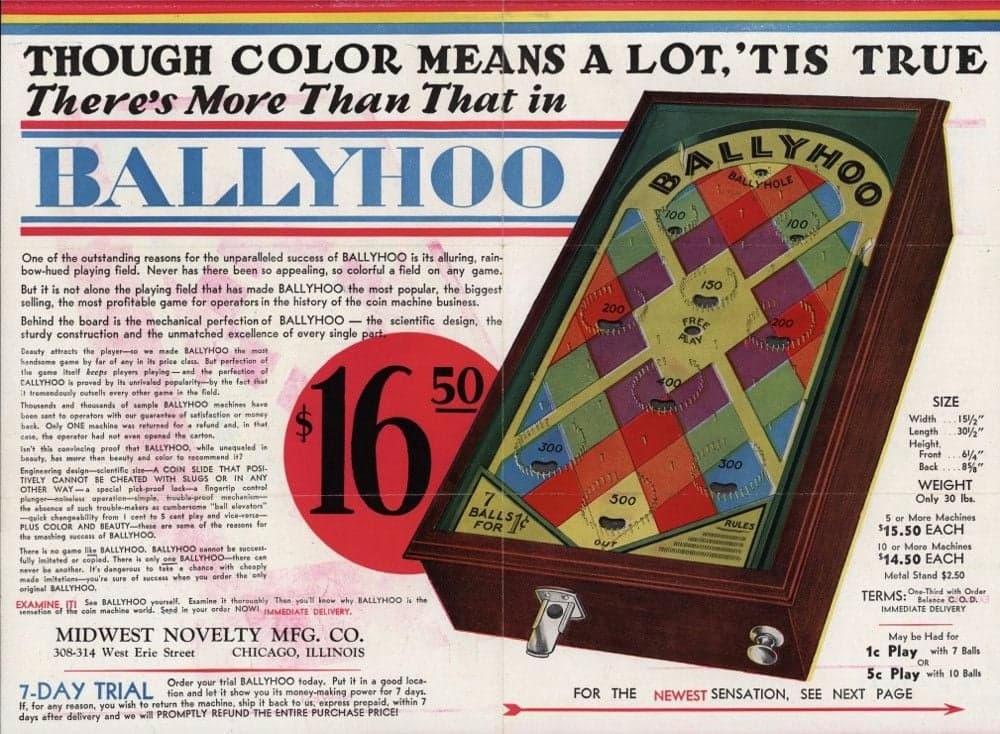 Ballyhoo pinball flyer, Bally Manufacturing Corporation, 1932
