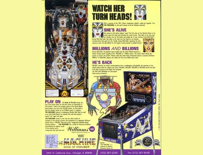 The Machine: Bride of Pin·Bot pinball flyer, Williams Electronics Games, Incorporated, 1991