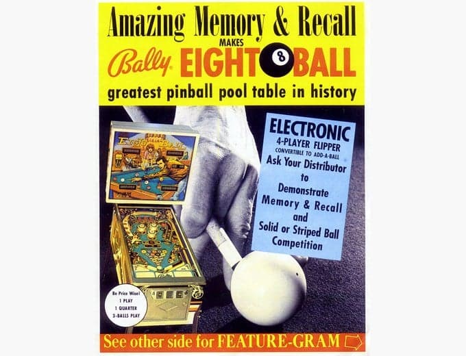 Eight Ball pinball flyer, Bally Manufacturing Corporation, 1977