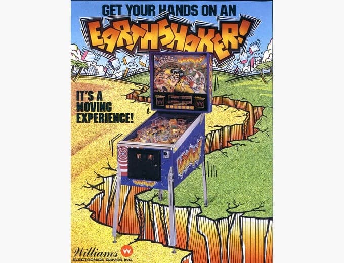 Earthshaker pinball flyer, Williams Electronics Games, Incorporated, 1989