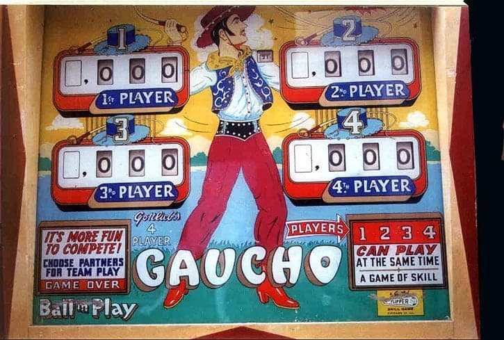 The Gaucho backglass, with four player score reels around a gaucho figure in red trousers and the slogan