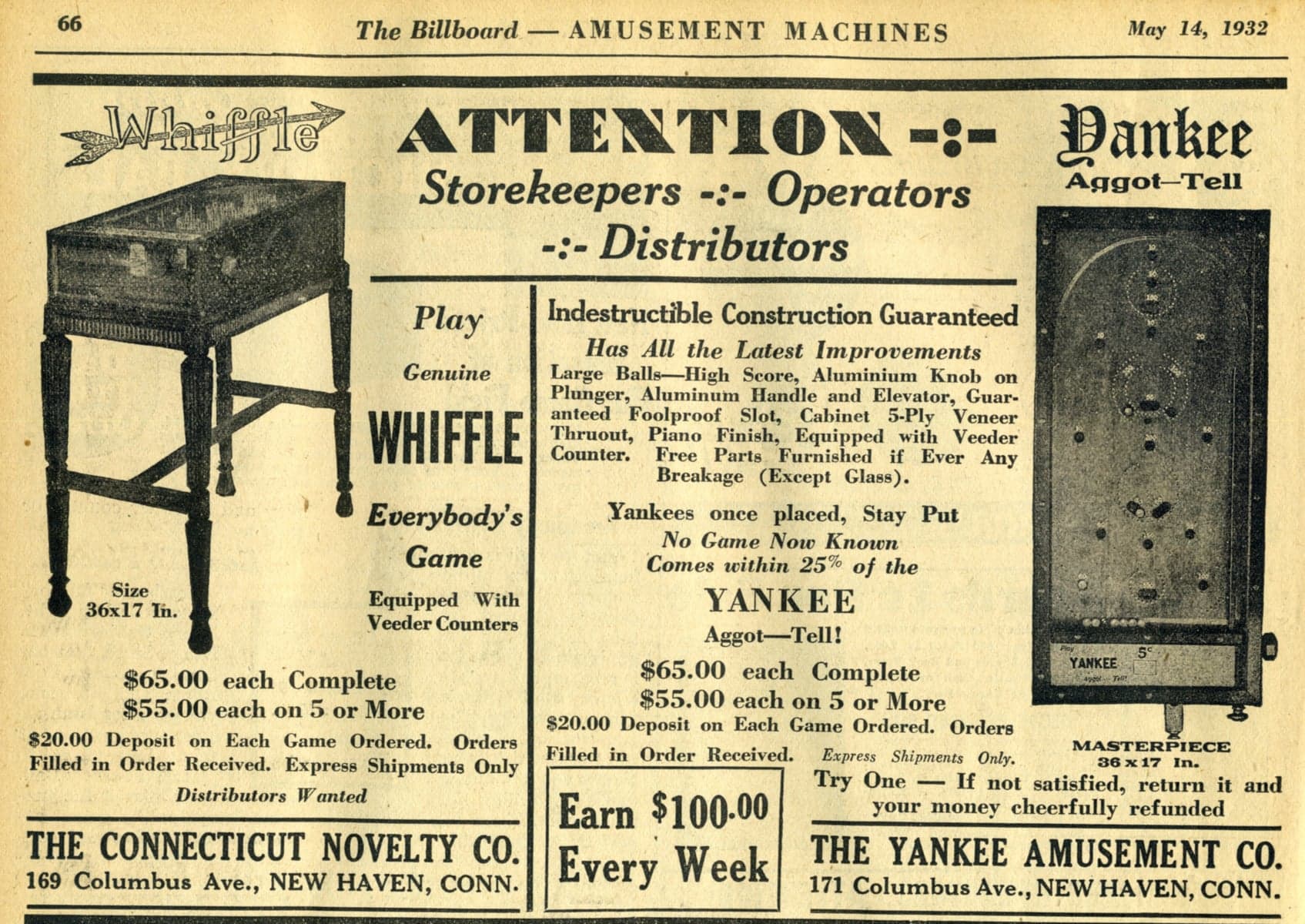 Whiffle pinball flyer, Automatic Industries, Incorporated, 1931