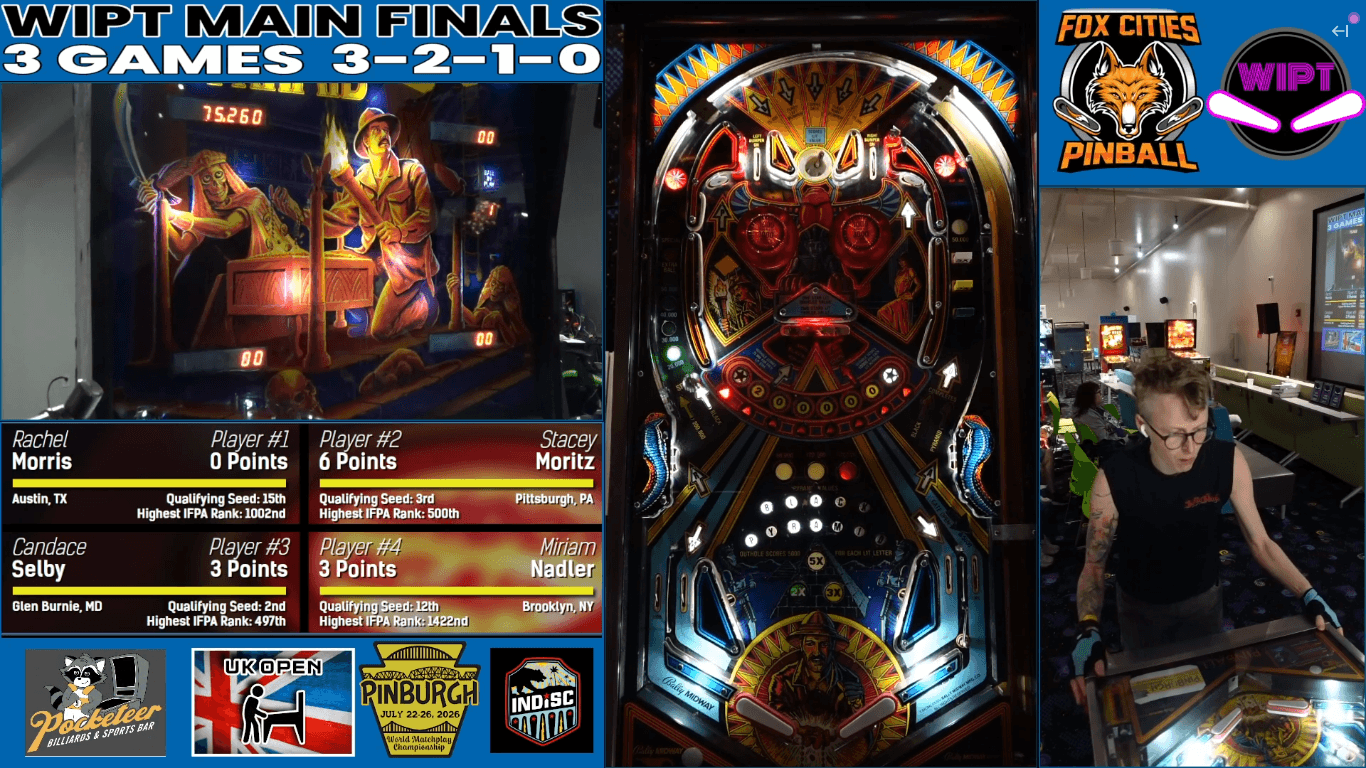 Rachel Morris playing Black Pyramid in the final game of the WIPT 2026 grand finals, with the four-player standings shown below