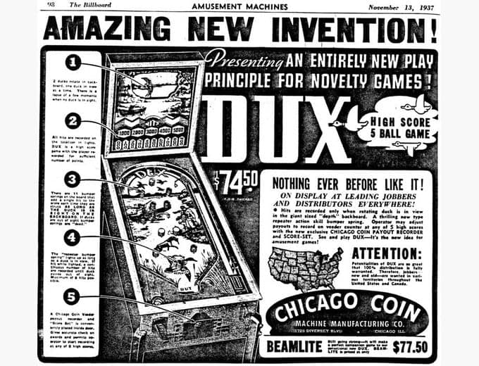 Dux pinball flyer, Chicago Coin Machine Manufacturing Company, 1937