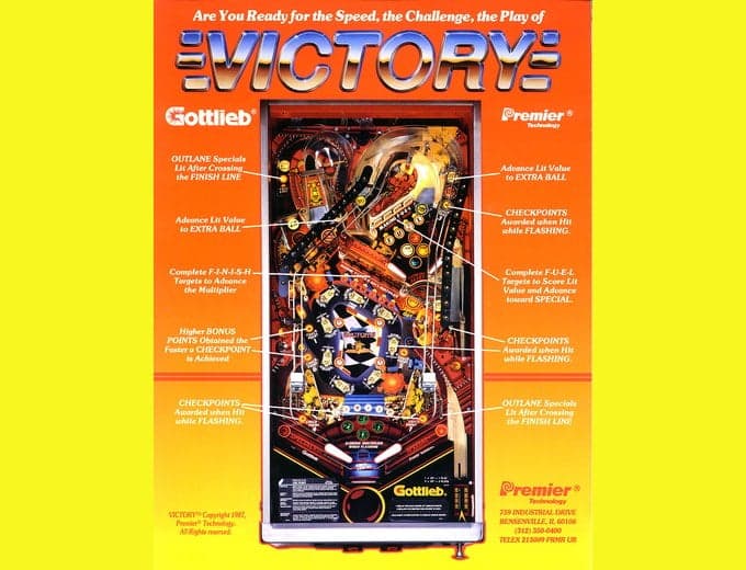 Victory pinball flyer, Premier Technology, 1987