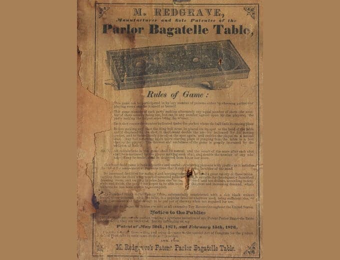 Parlour Bagatelle Table pinball flyer, Redgrave & Wilson, 1871
