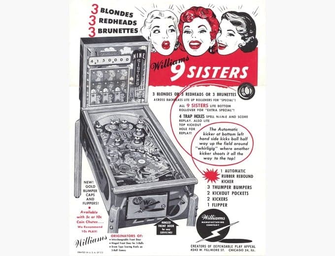 Nine Sisters pinball flyer, Williams Manufacturing Company, 1953