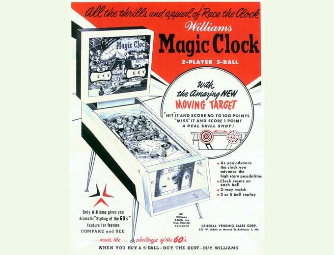 Magic Clock pinball flyer, Williams Electronic Manufacturing Company, 1960