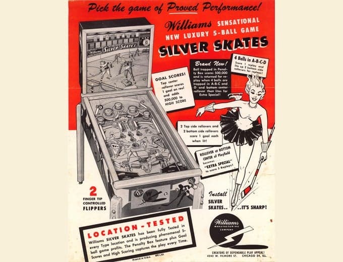 Silver Skates pinball flyer, Williams Manufacturing Company, 1953