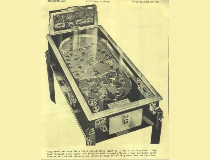 Big Game pinball machine photographed for a trade-press pictorial history, Rock-ola Manufacturing Corporation, 1935