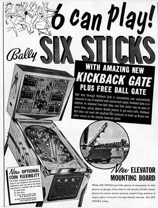 A black-and-white Bally Six Sticks flyer headlined '6 can Play!', showing the cabinet and promoting a new kickback gate and elevator mounting board