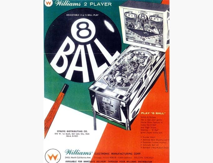 8 Ball pinball flyer, Williams Electronic Manufacturing Company, 1966