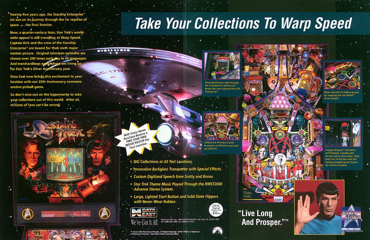 Star Trek pinball flyer, Data East Pinball, Incorporated, 1991