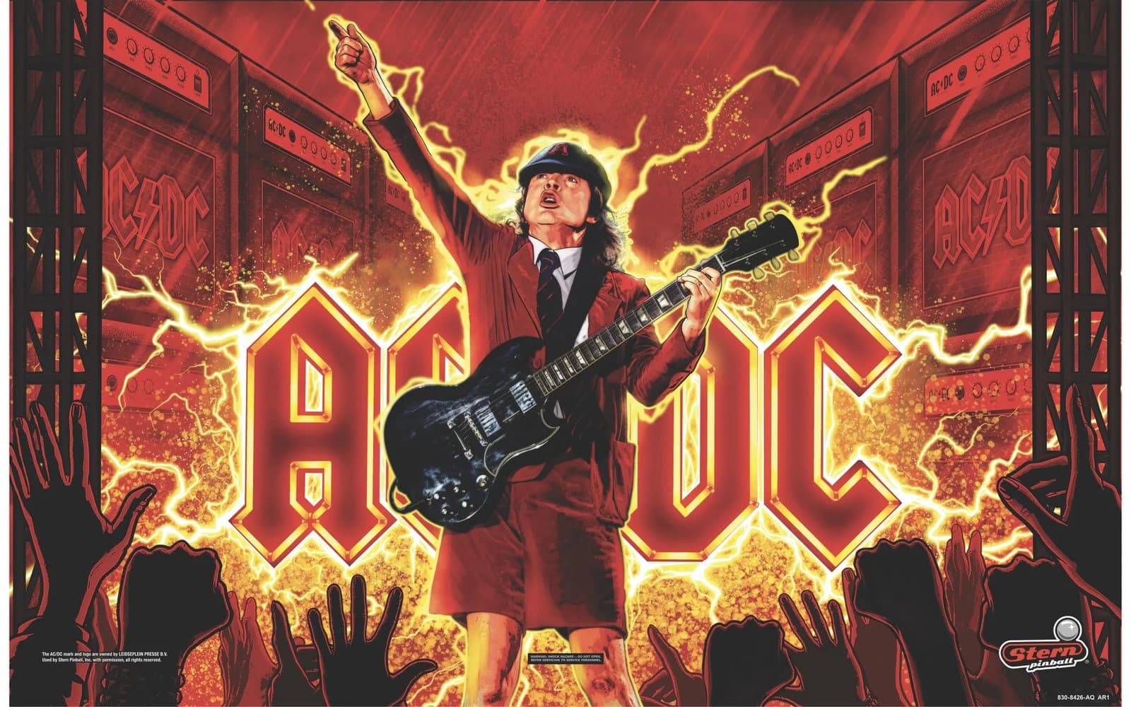 The LE backglass: Angus Young with his guitar in front of a lightning-lit AC/DC logo and a crowd