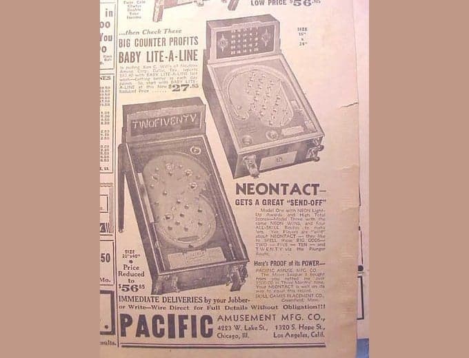 Neontact pinball flyer, Pacific Amusement Manufacturing Company, 1935