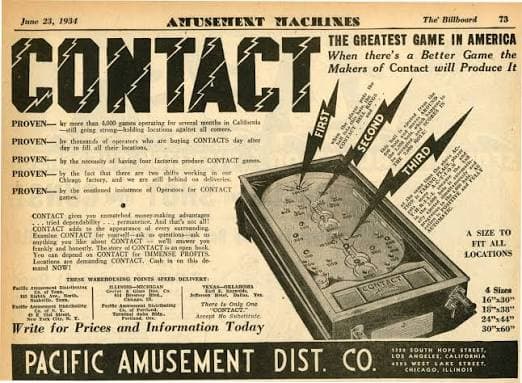 Contact pinball flyer, Pacific Amusement Manufacturing Company, 1933