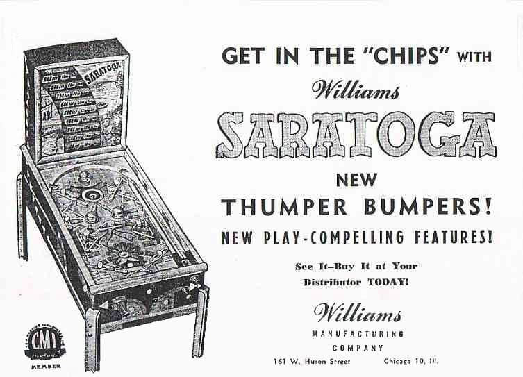 Saratoga pinball flyer, Williams Manufacturing Company, 1948