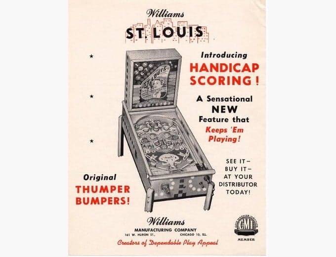 St. Louis pinball flyer, Williams Manufacturing Company, 1949