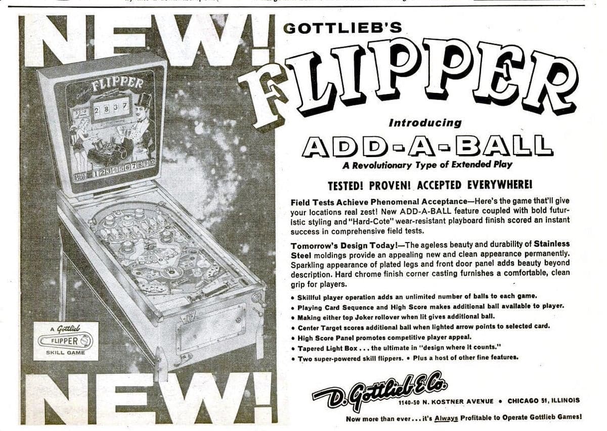 The Gottlieb Flipper sales flyer, headlined NEW! and introducing Add-A-Ball as a revolutionary type of extended play, with a feature list including a tapered light box
